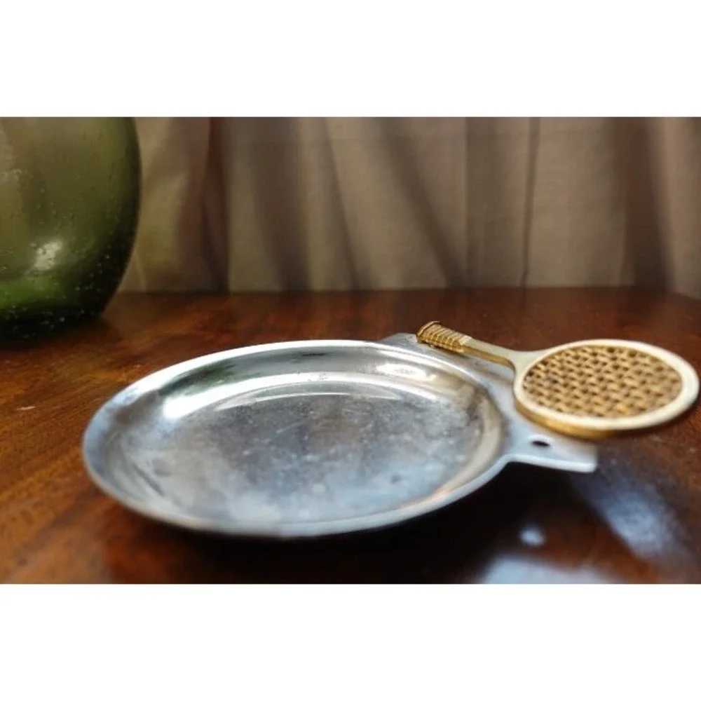 Vintage Tennis Racquet Ashtray Trinket Dishware Silver Tone‎ Collectible